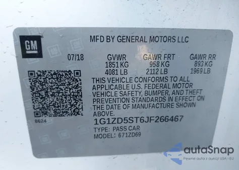 2018 Chevrolet Malibu Lt z USA, uszkodzony, nr VIN 1G1ZD5ST6JF266467